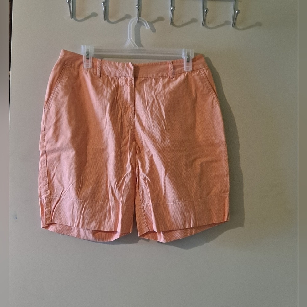 Orange White Seersucker Striped Bermuda Shorts Flat Front Casual Summer